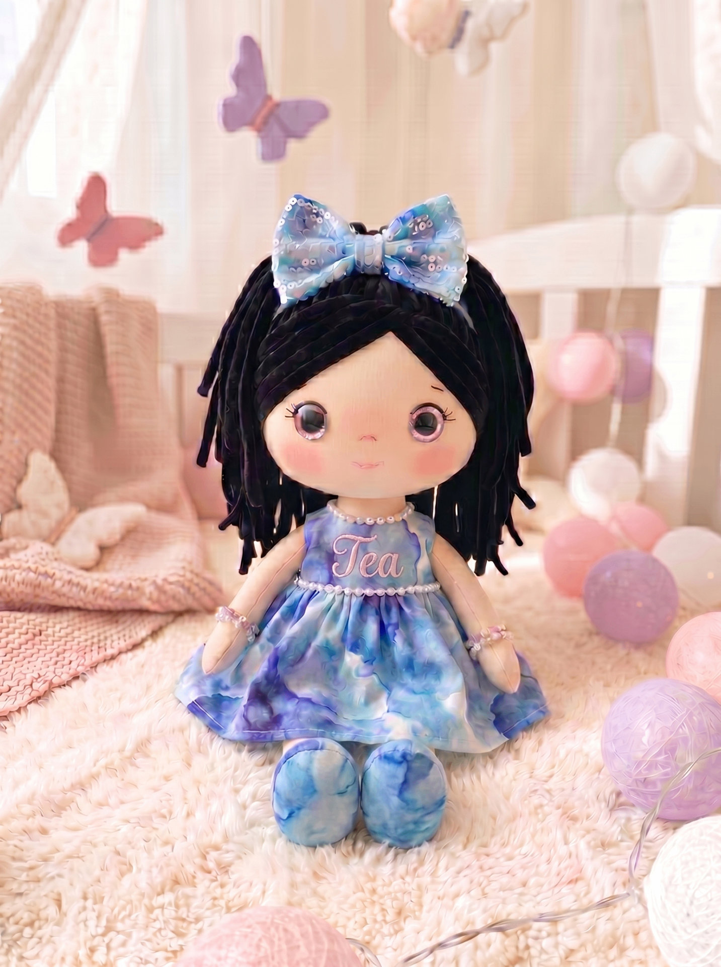 Ocean Dream doll with personalized embroidery on both the body and the shoe sole.