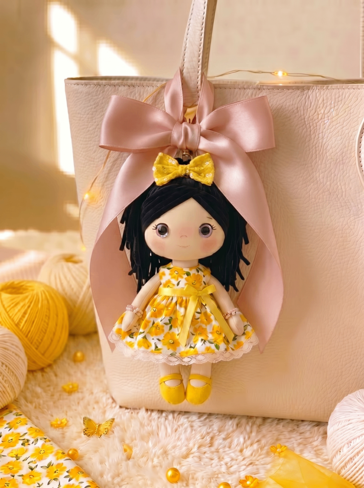 Sunshine bag charm with gold hardware and a blush pink satin bow on a cream tote.