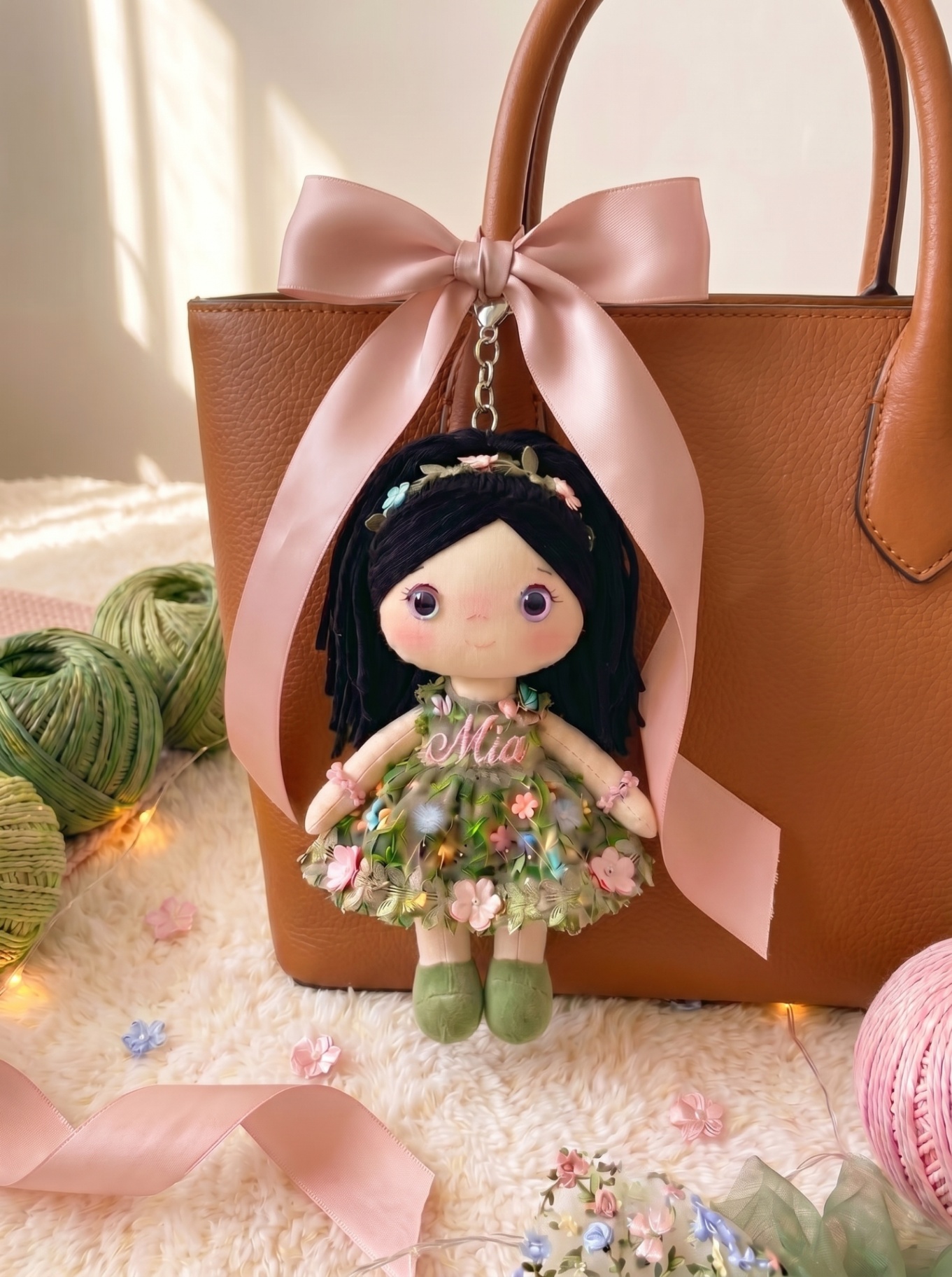 Botanical Garden bag charm with silver hardware and pink satin bow on a tan tote.