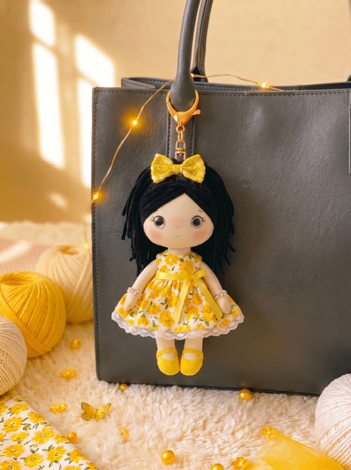 Sunshine bag charm with gold hardware hanging from a black tote.