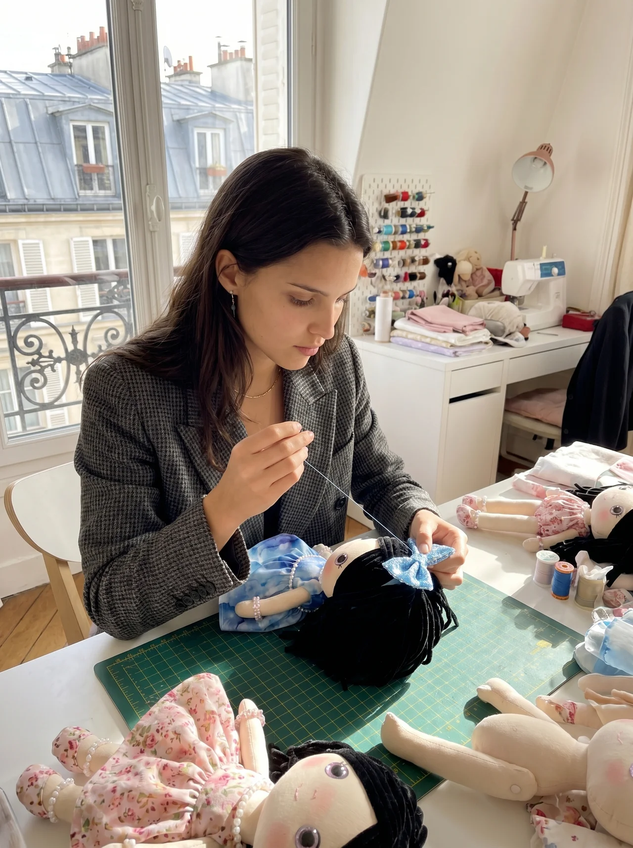The maker sitting at her Paris studio window, hand-stitching a Tea Doll in natural daylight