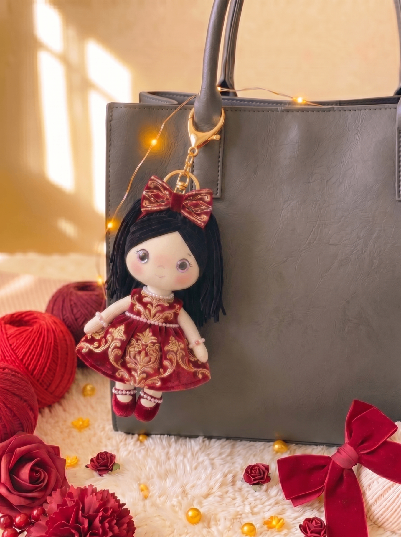 Royal Velvet bag charm with gold hardware hanging from a charcoal tote handle.