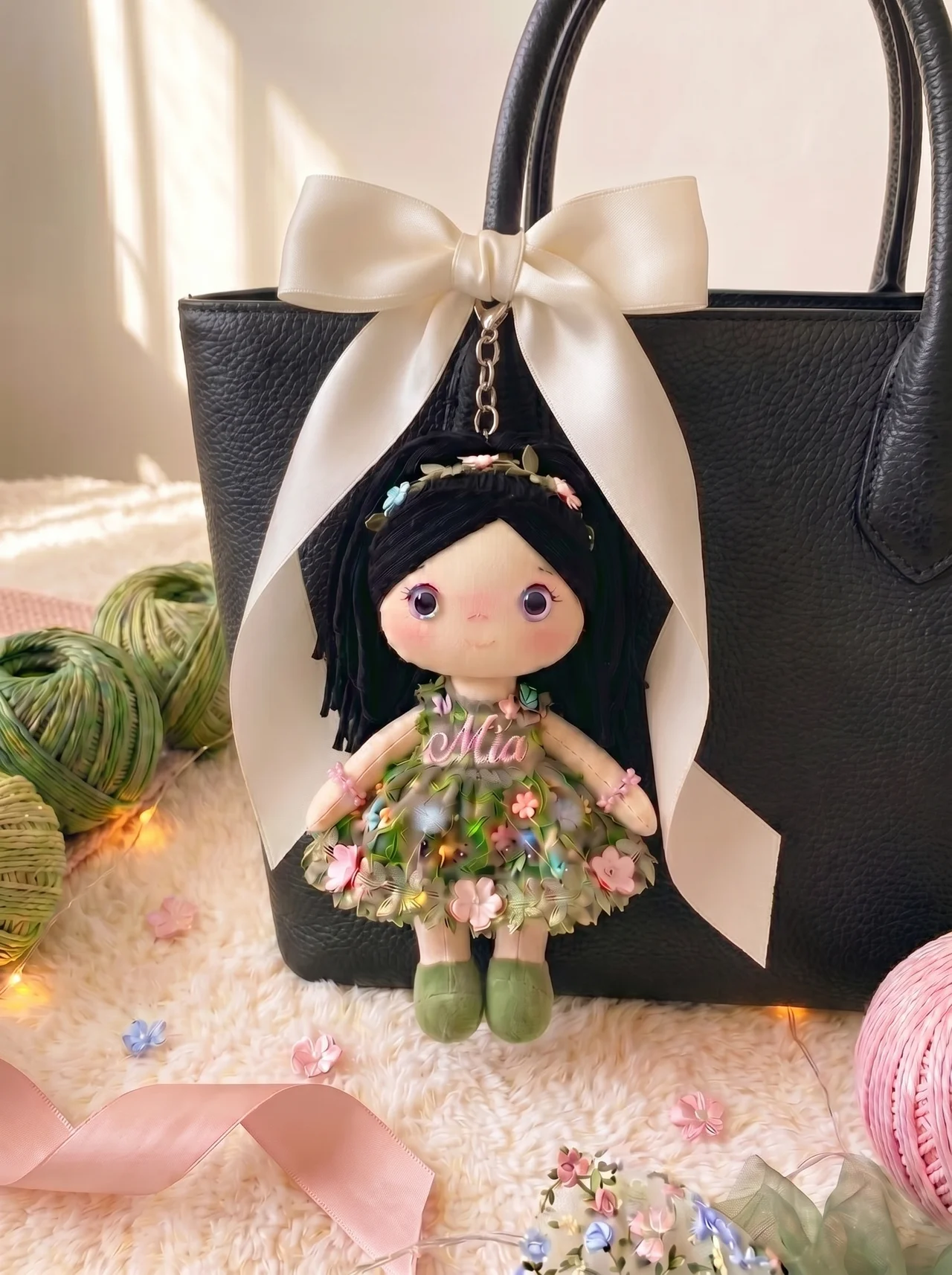 Botanical Garden bag charm with gold hardware and ivory satin bow on a black leather tote.