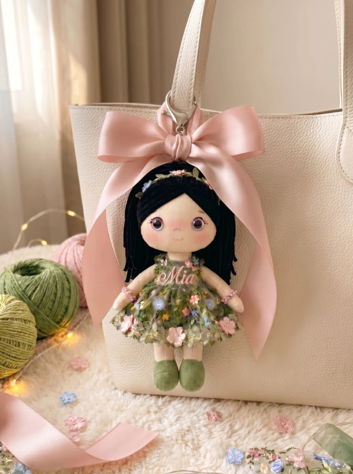 Botanical Garden bag charm with silver hardware and a personalized name on the body.