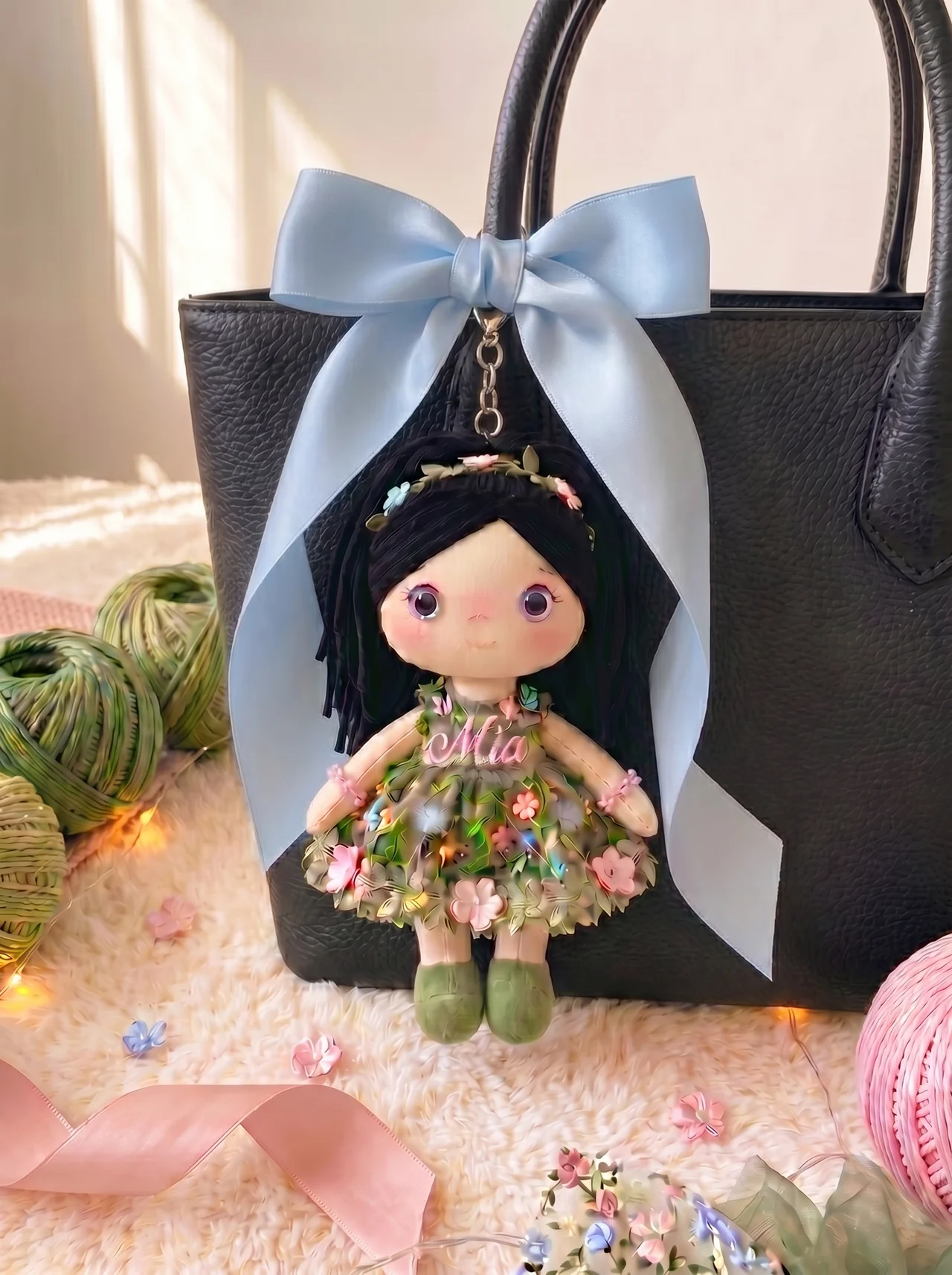 Botanical Garden bag charm with silver hardware and baby blue satin bow on a black tote.