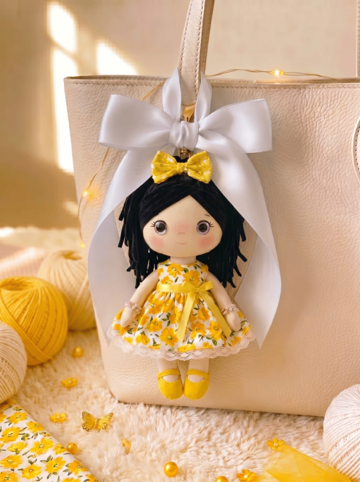 Sunshine bag charm with gold hardware and a large white satin bow on a cream tote.