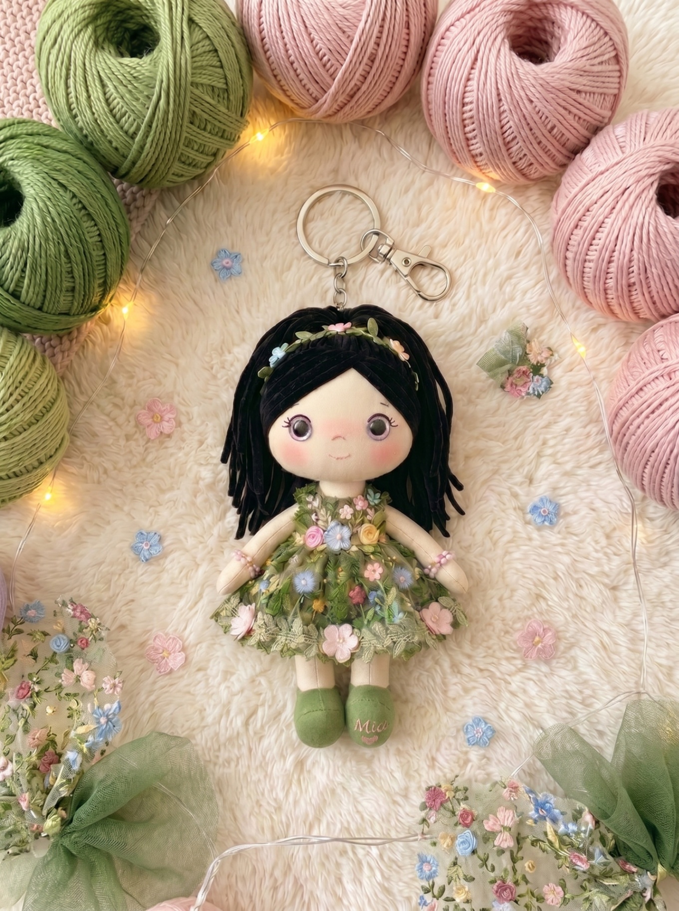 Botanical Garden keychain with silver hardware and a personalized name on the sole.