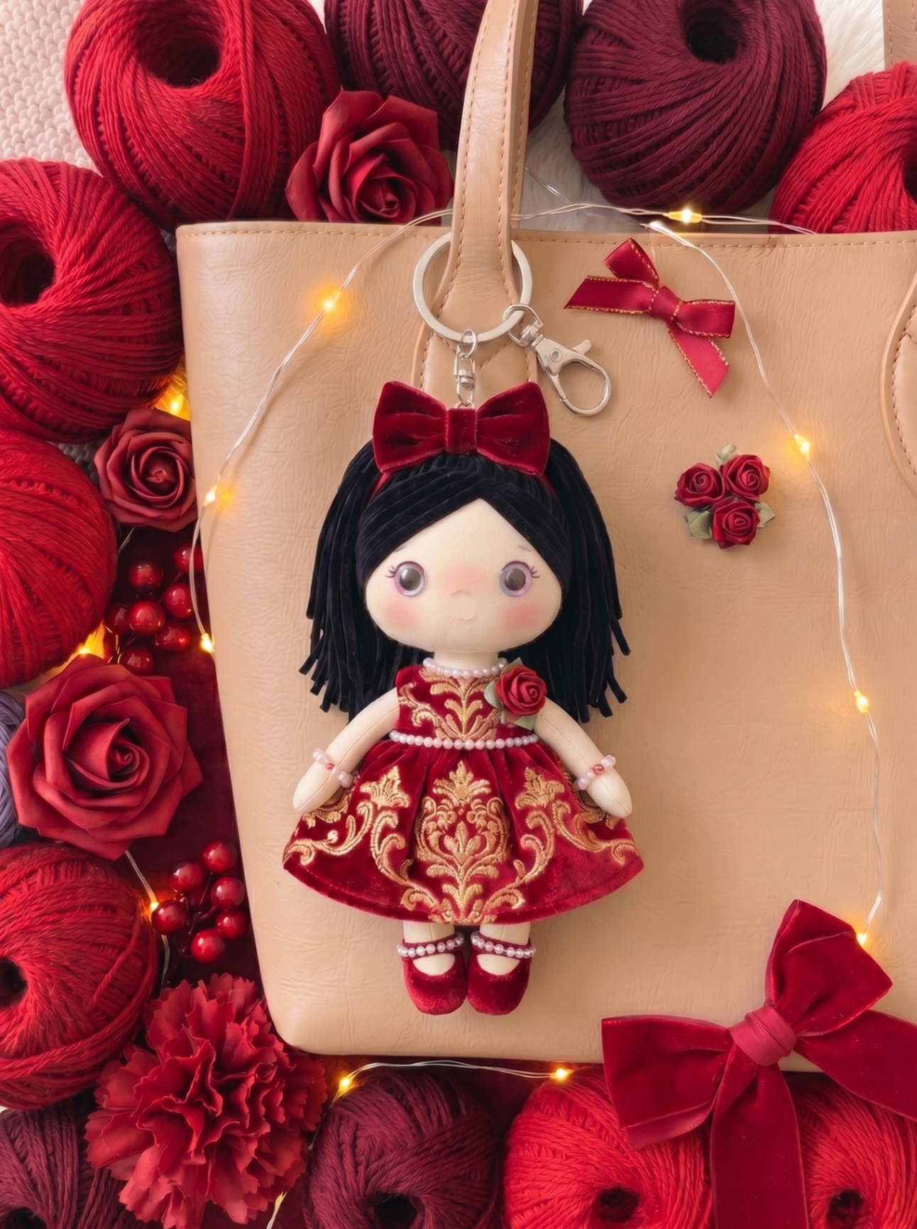 Royal Velvet bag charm with silver hardware and rose accent hanging from a cream tote bag.