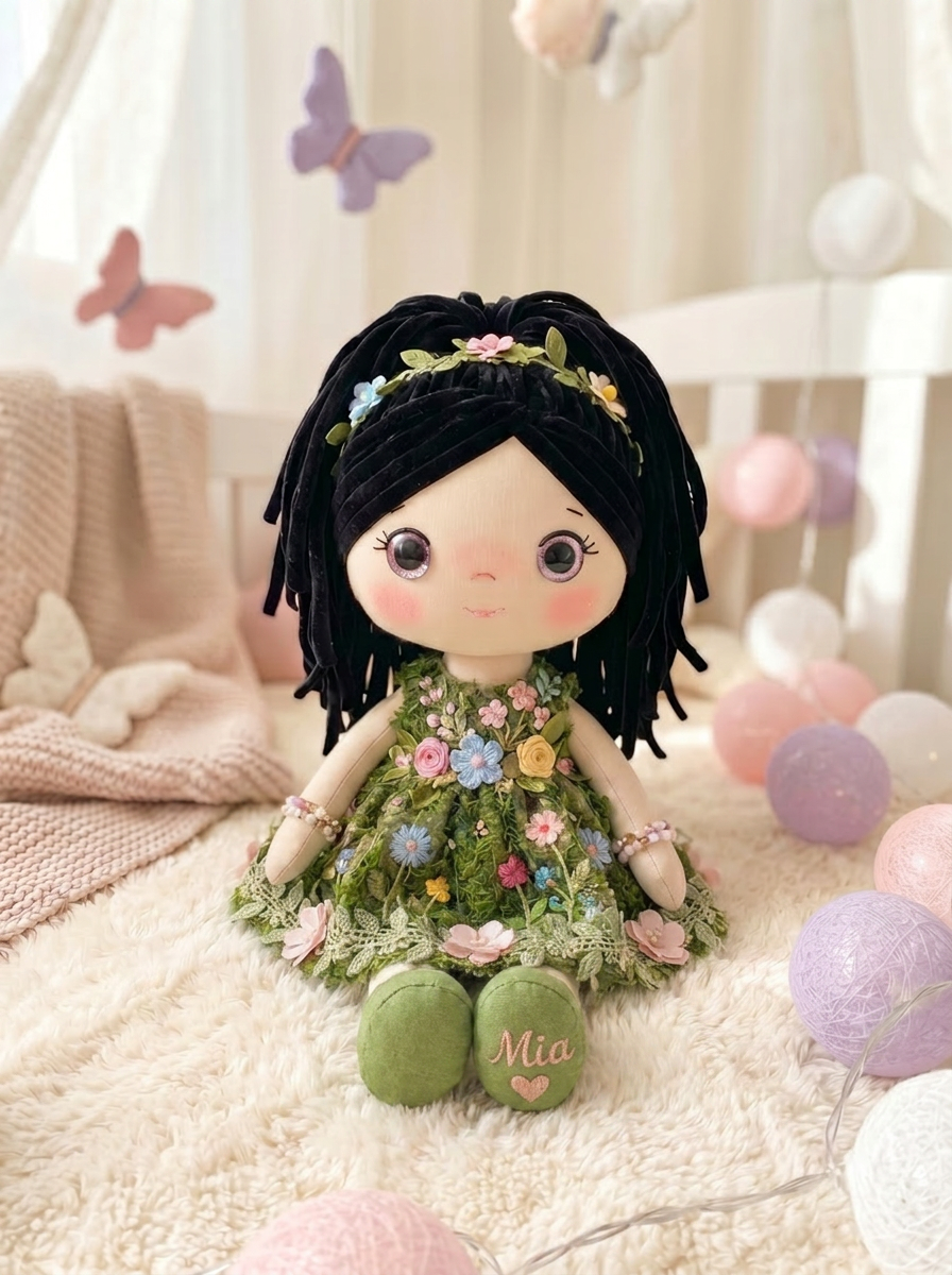 Botanical Garden doll with personalized name stitched on the shoe sole.
