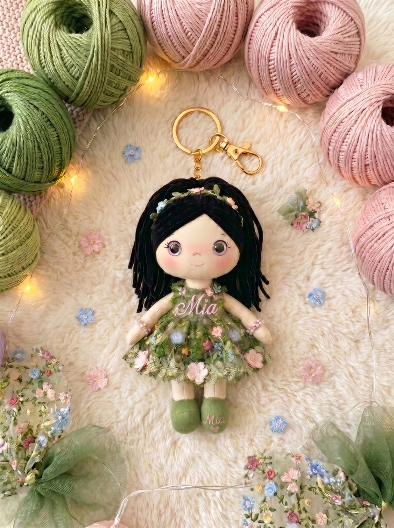 Botanical Garden keychain with gold hardware and personalized embroidery on both the body and sole.
