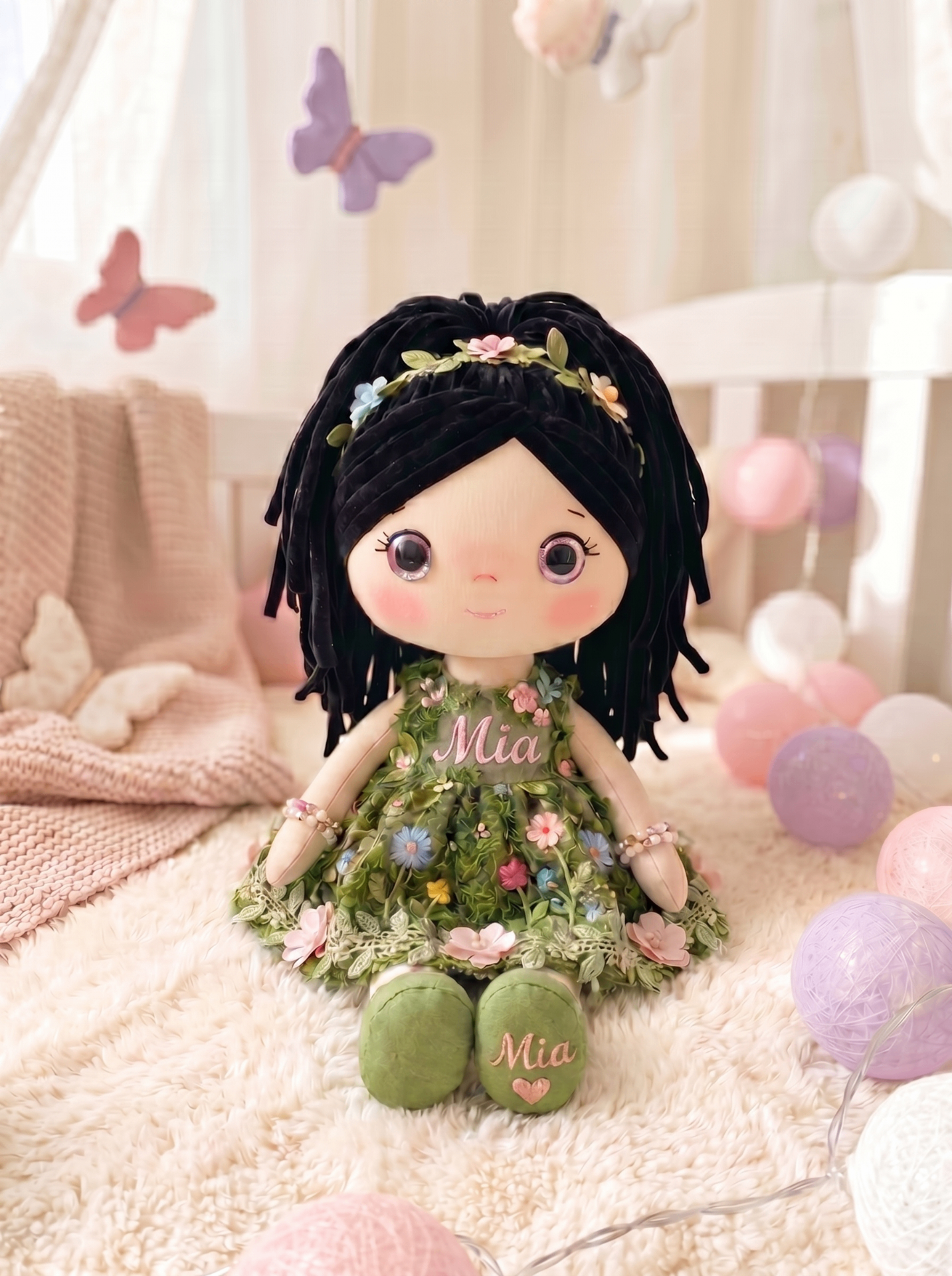 Botanical Garden doll with personalized embroidery on both the body and the shoe sole.