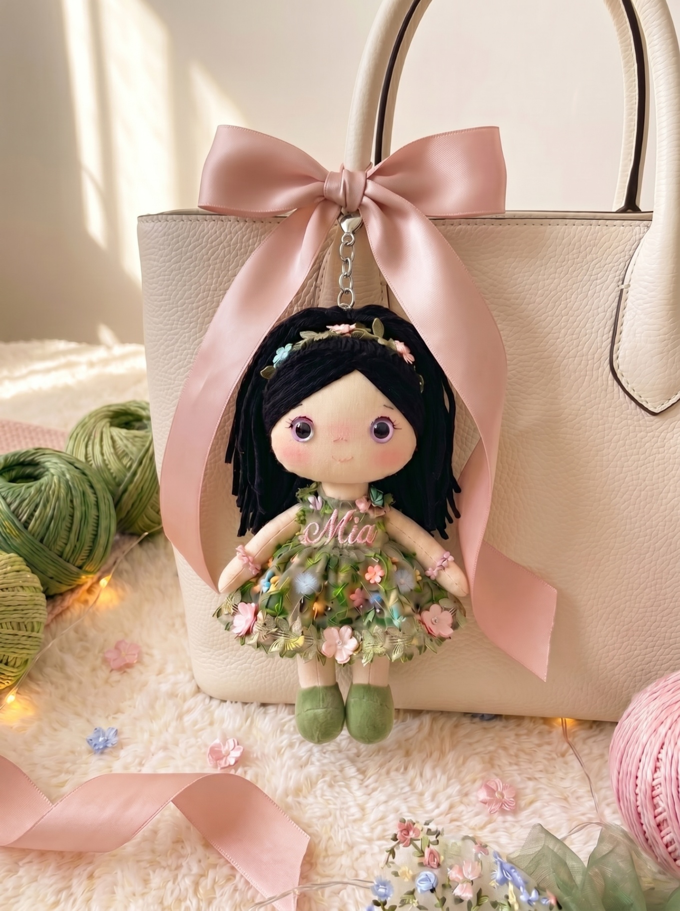 Botanical Garden bag charm with silver hardware styled with a pink satin bow.