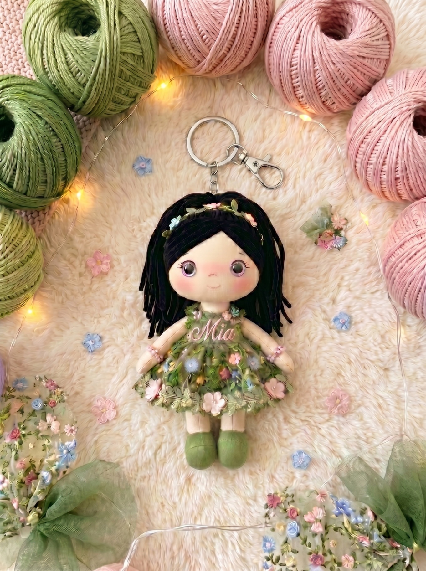 Botanical Garden keychain with silver hardware and a personalized name on the body.