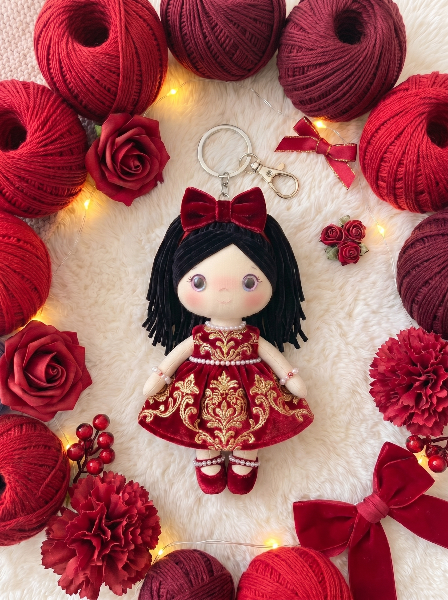 Royal Velvet doll keychain with silver ring and clasp, surrounded by red yarn and roses.