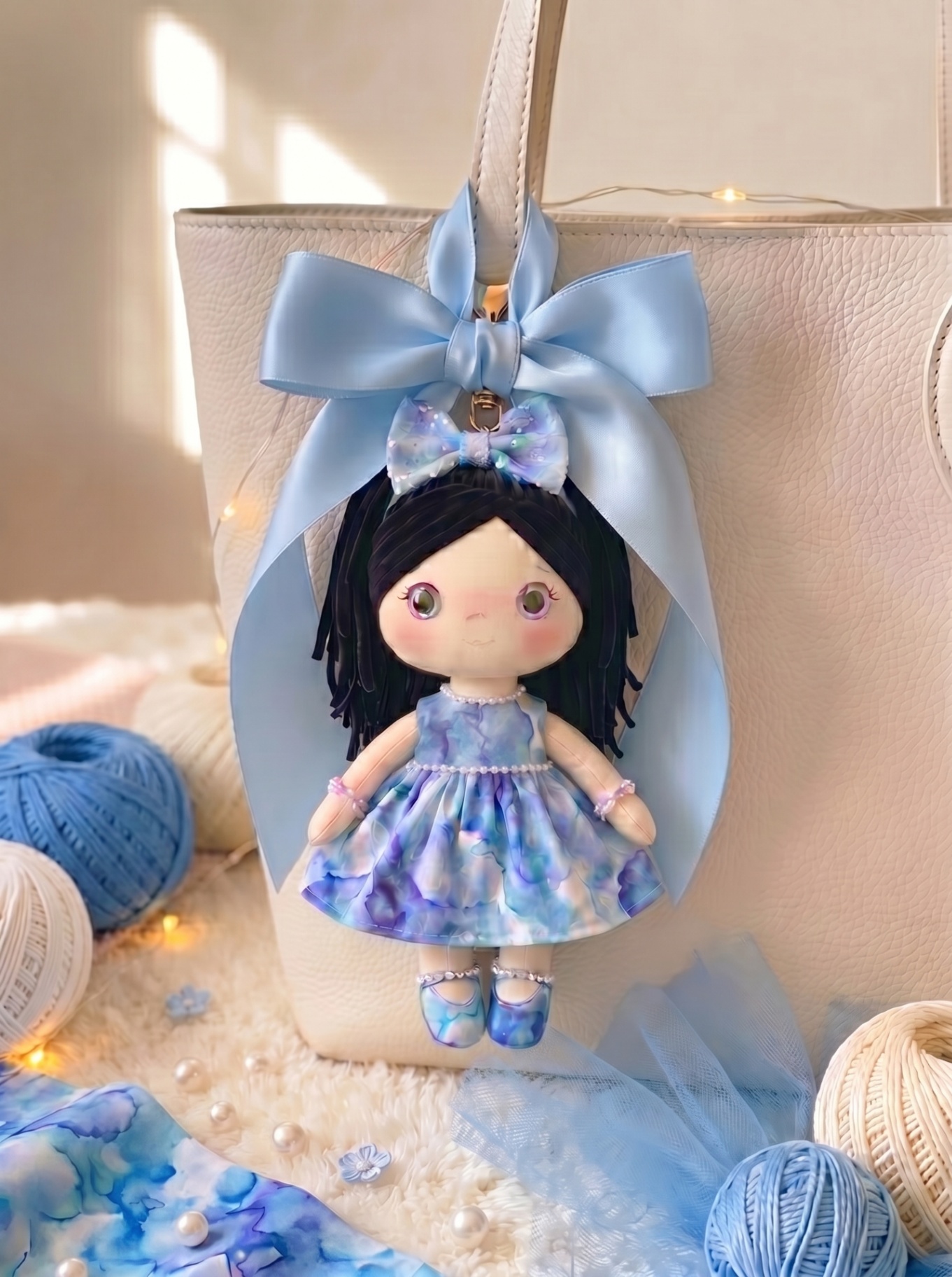 Ocean Dream bag charm styled with a powder blue satin bow.
