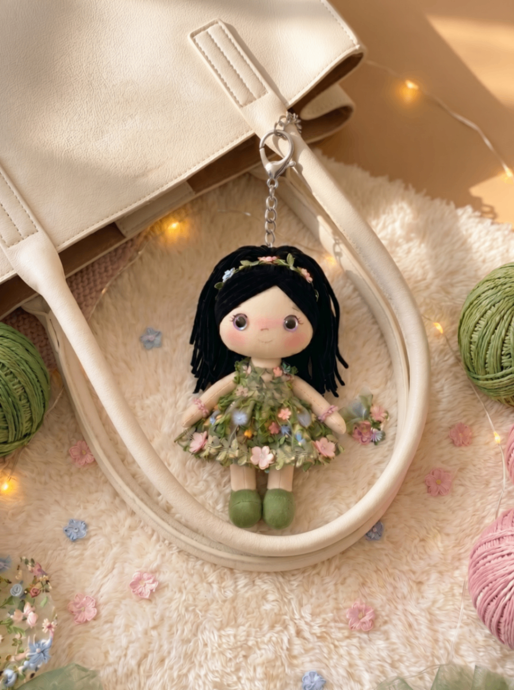 Botanical Garden bag charm with silver hardware clipped to a cream tote.