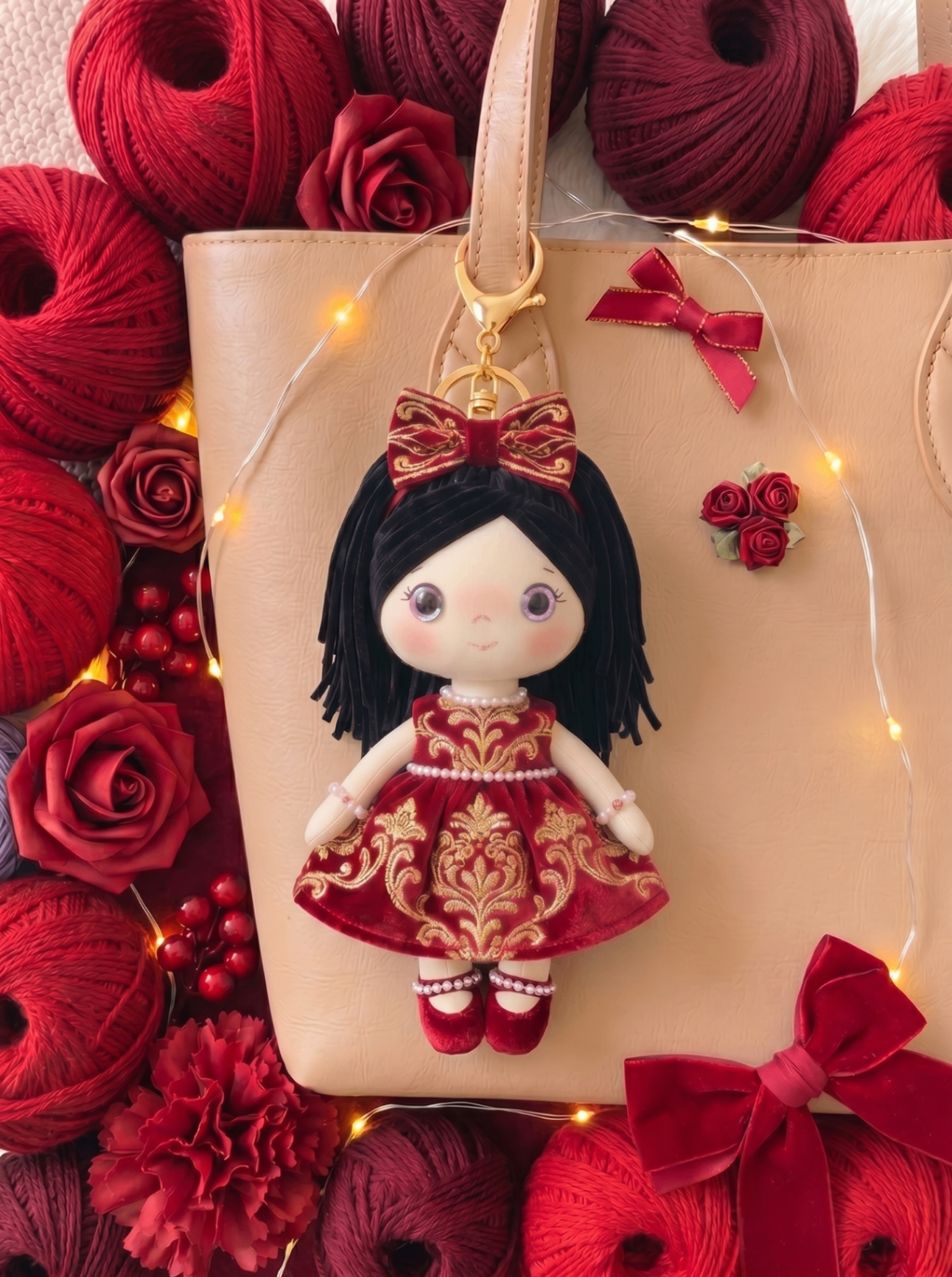 Royal Velvet bag charm with gold hardware hanging from a cream tote bag.