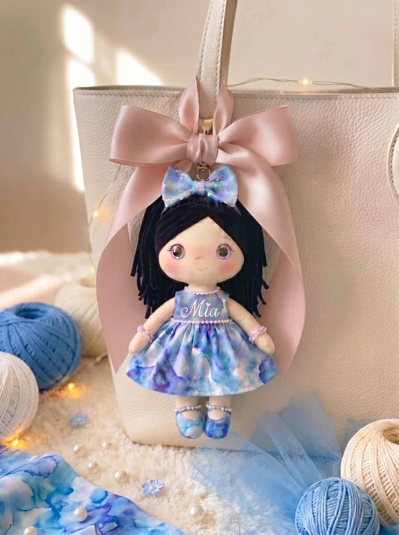 Ocean Dream bag charm with a blush satin bow and personalized embroidery on the body.