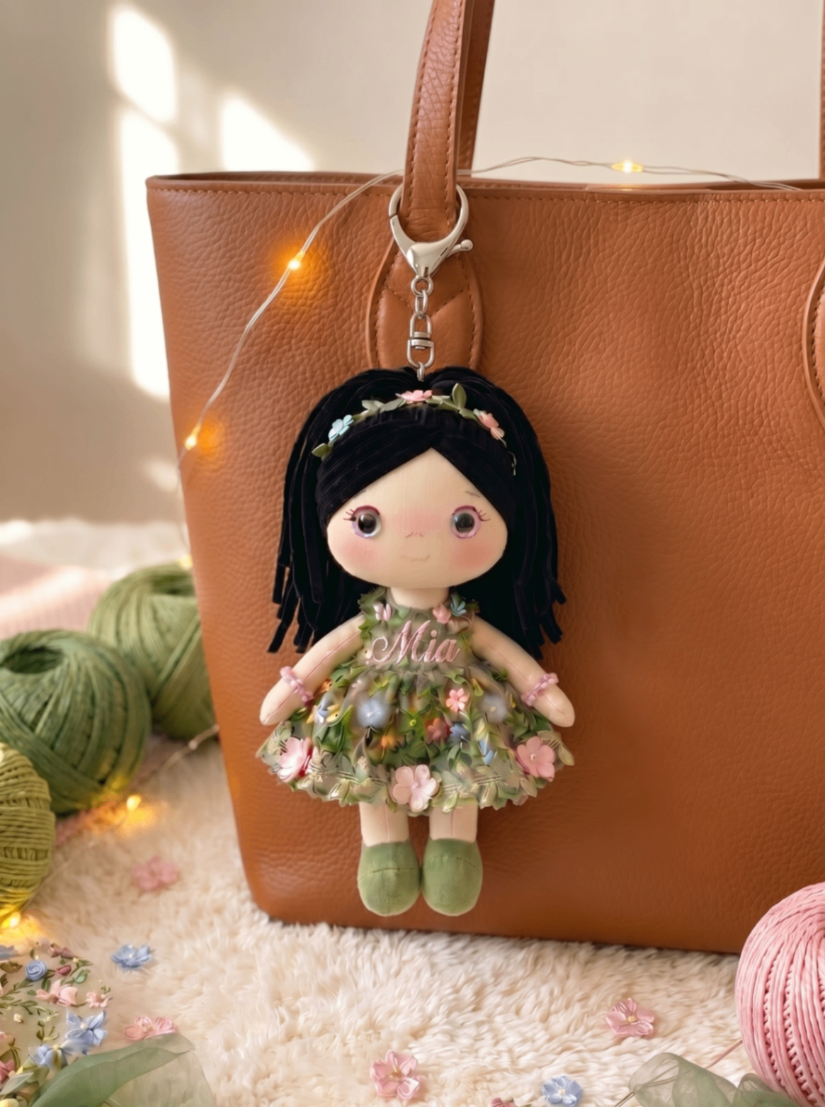 Botanical Garden bag charm with silver hardware on a tan leather tote.
