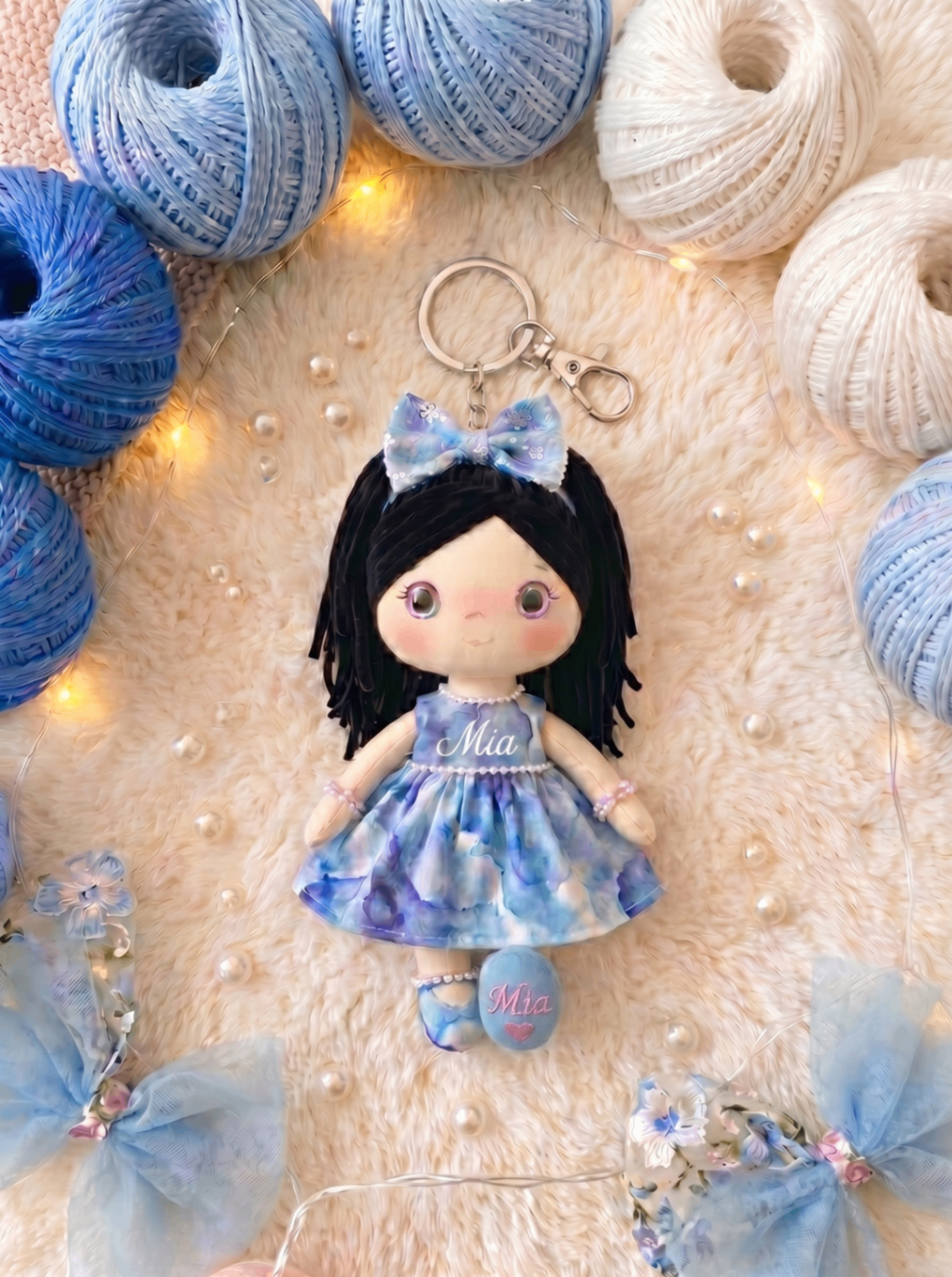 Ocean Dream keychain with silver hardware and personalized embroidery on both the body and sole.