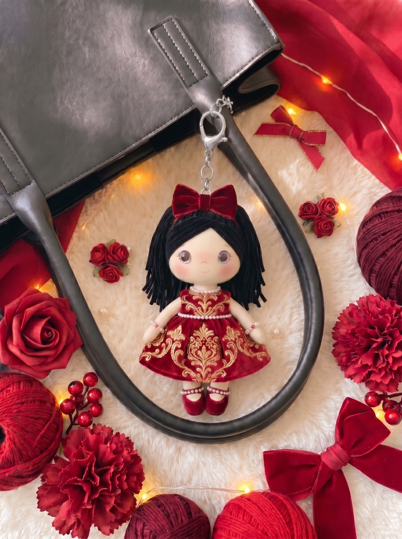 Royal Velvet bag charm with silver hardware displayed beside a charcoal tote bag.