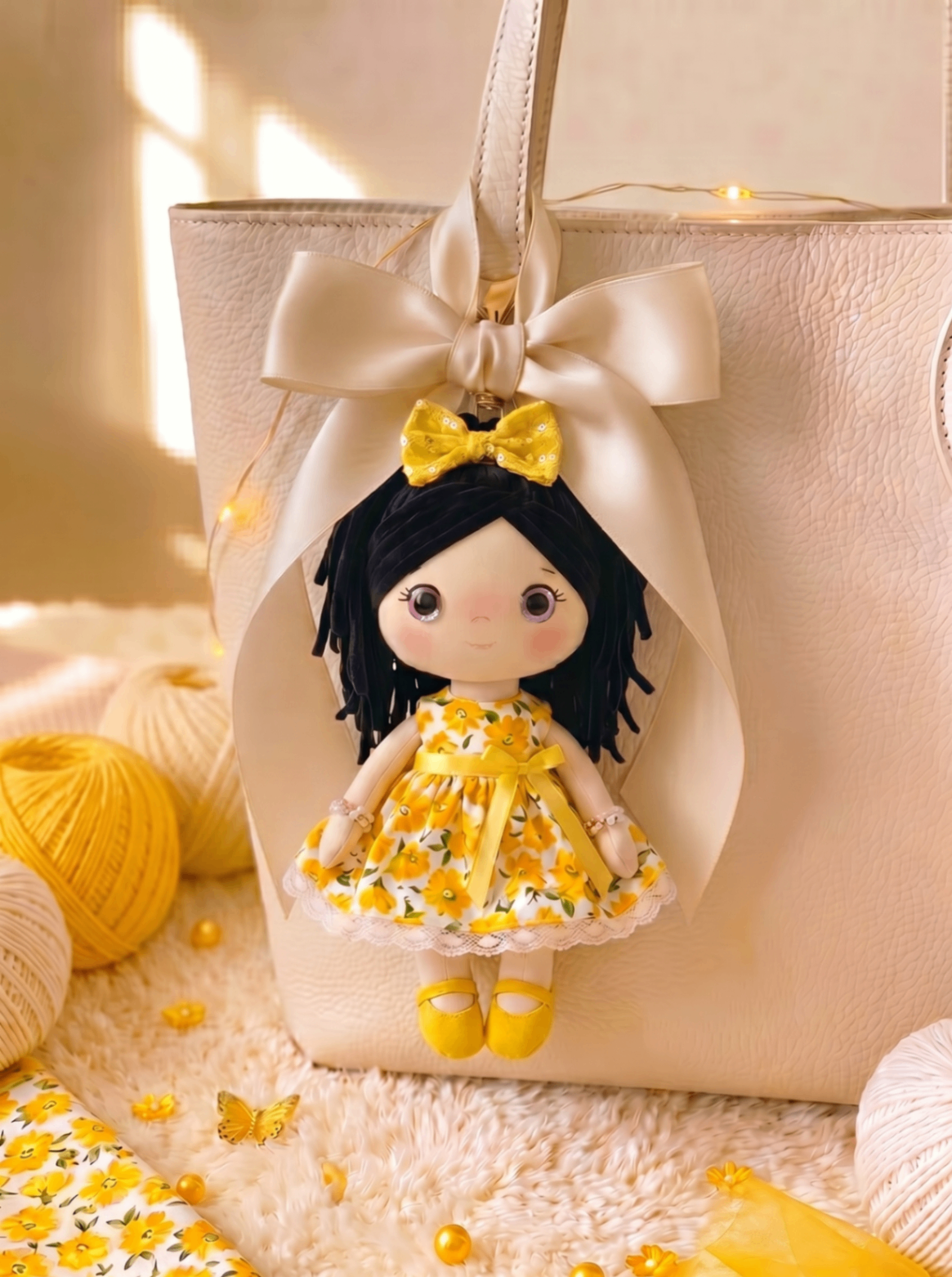 Sunshine bag charm with gold hardware and an ivory satin bow on a cream tote.