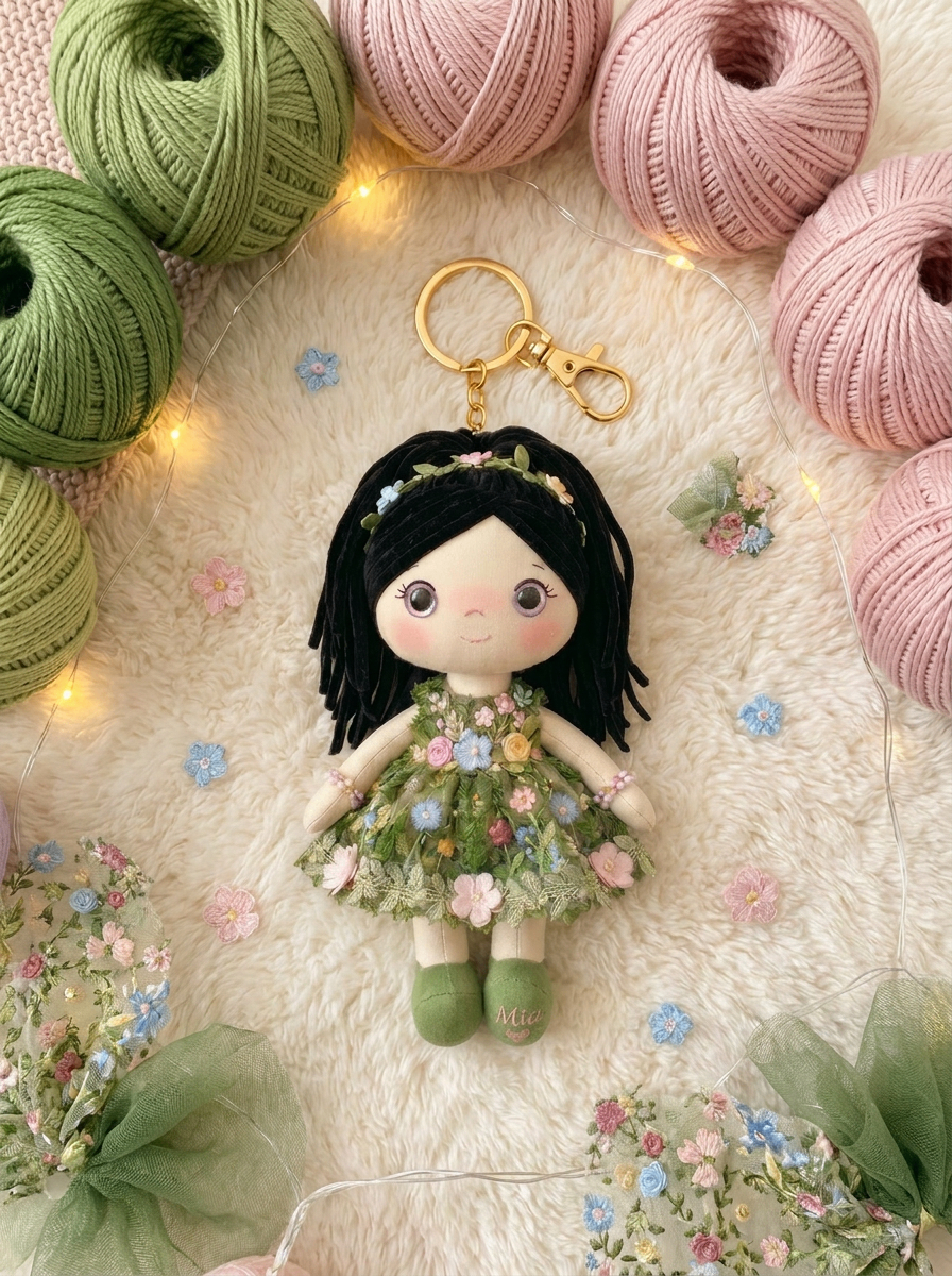 Botanical Garden keychain with gold hardware and a personalized name on the sole.