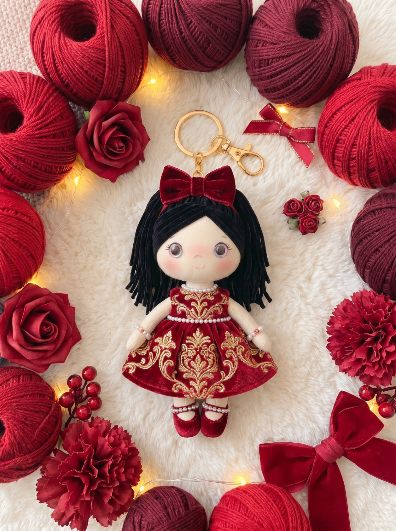 Royal Velvet doll keychain with gold ring and clasp, surrounded by red yarn and roses.