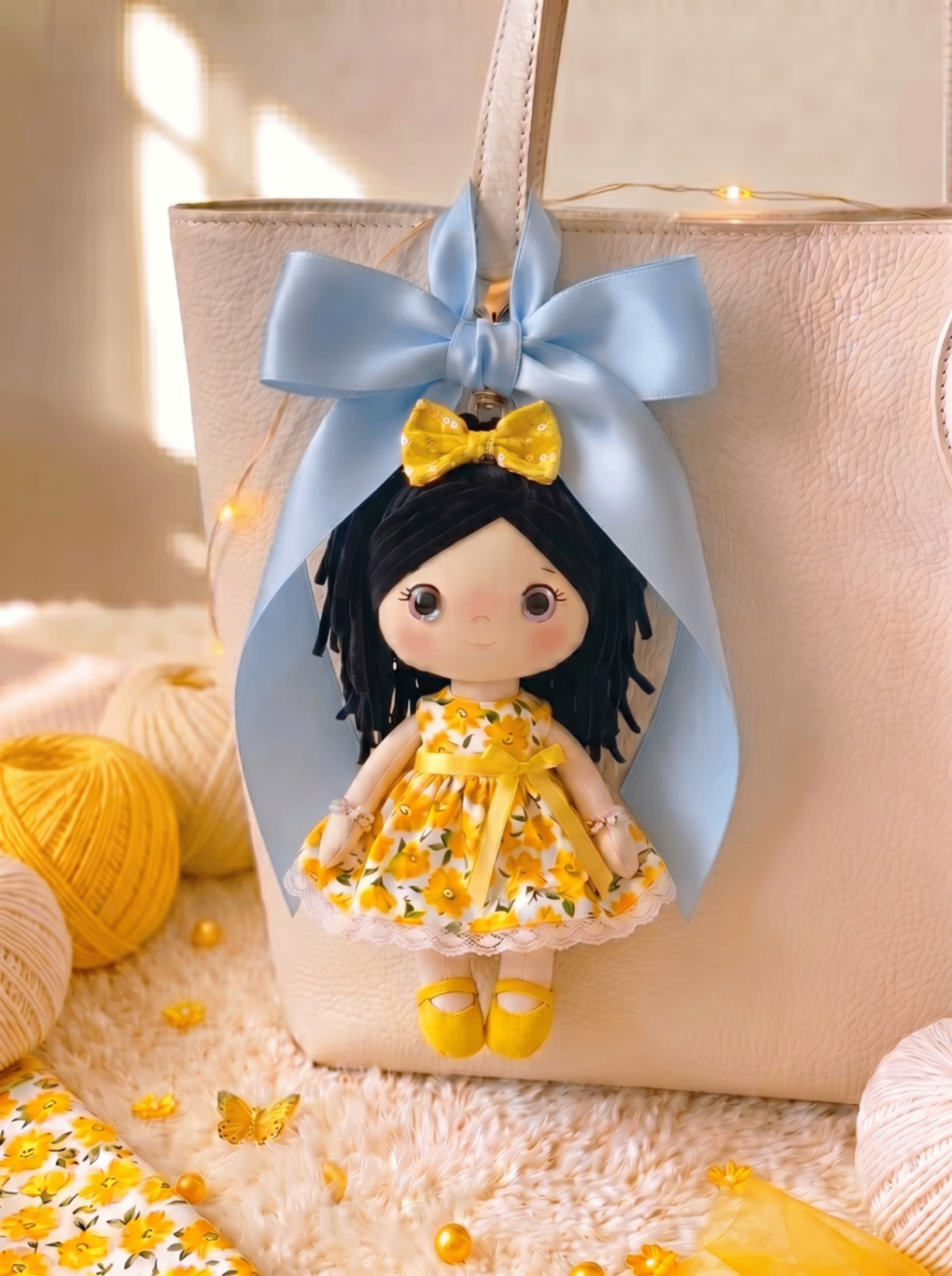Sunshine bag charm with gold hardware and a baby blue satin bow on a cream tote.