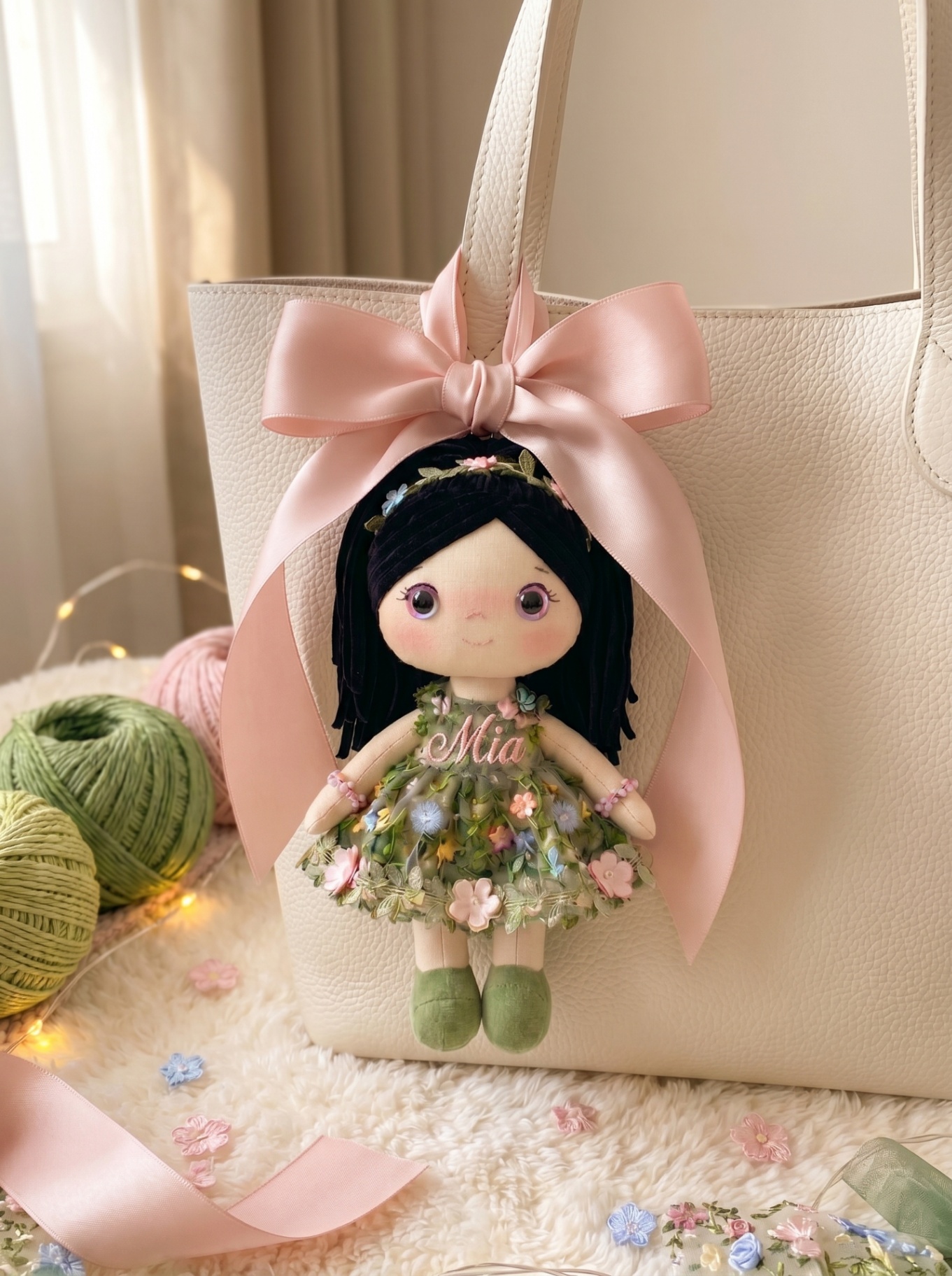 Botanical Garden bag charm styled with a pink satin bow on a cream tote.
