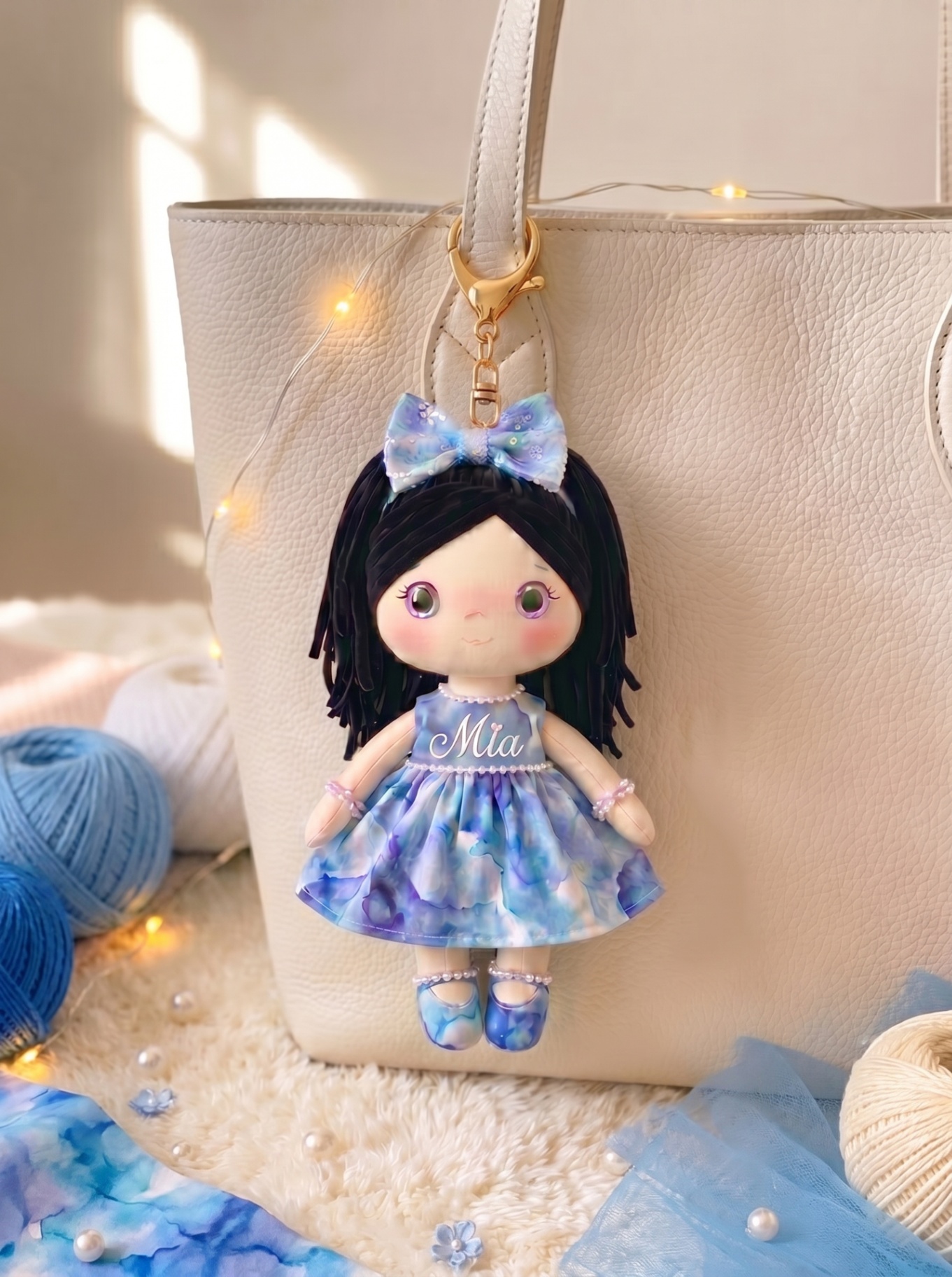 Ocean Dream bag charm with a gold clip and personalized embroidery on the body.