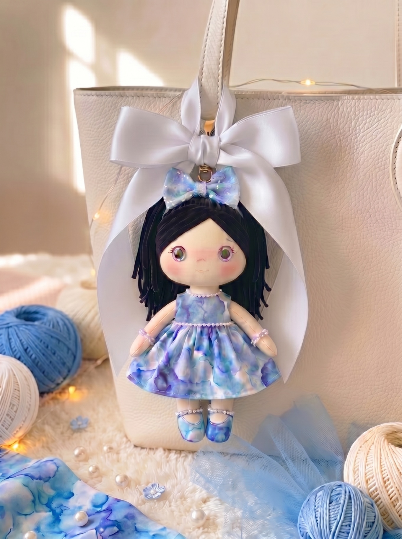 Ocean Dream bag charm styled with a pearl satin bow.