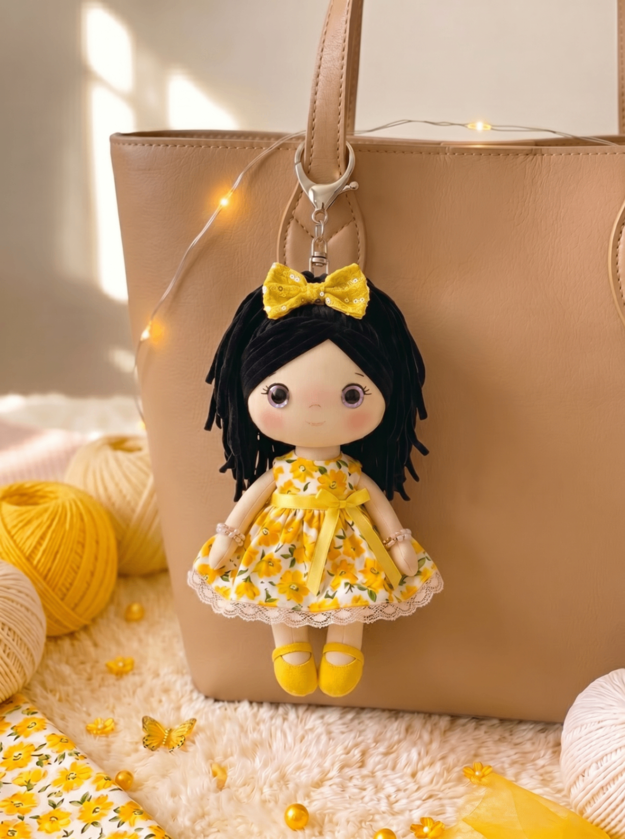 Sunshine bag charm with silver hardware hanging from a tan tote.