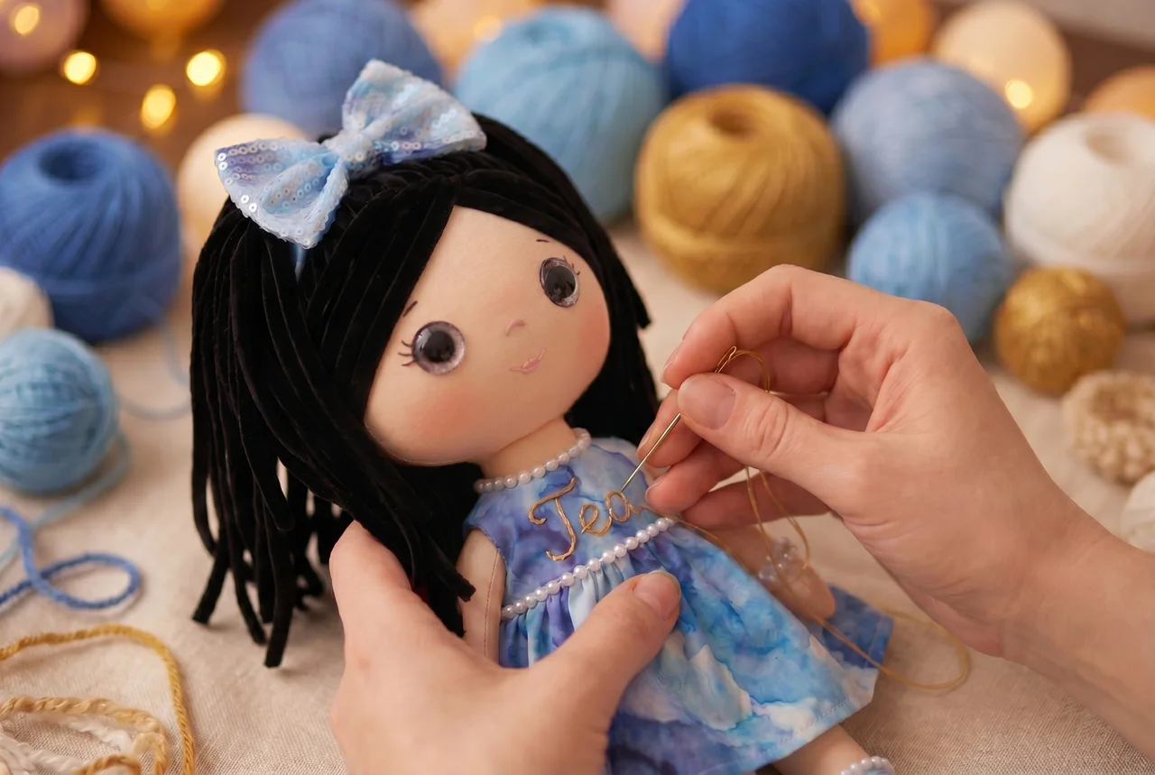 Hand embroidering a name in gold thread onto a Tea Doll's dress